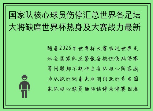 国家队核心球员伤停汇总世界各足坛大将缺席世界杯热身及大赛战力最新追踪 国家队核心球员伤停汇总世界各足坛大将缺席世界杯热身及大赛战力最新追踪