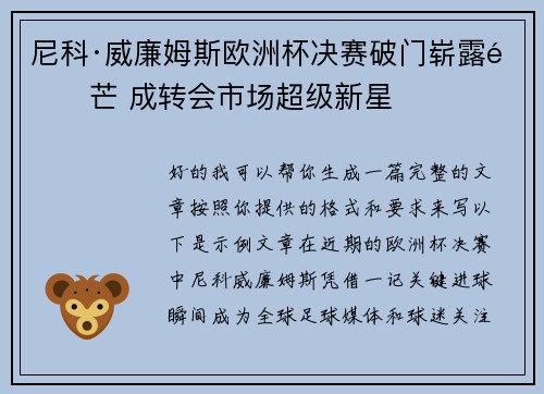 尼科·威廉姆斯欧洲杯决赛破门崭露锋芒 成转会市场超级新星 尼科·威廉姆斯欧洲杯决赛破门崭露锋芒 成转会市场超级新星